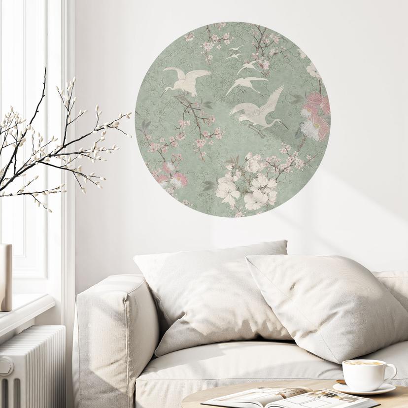Wallsticker Kraner i kirsebærblomstringsvanvid grøn - Bloomery Decor - Rund