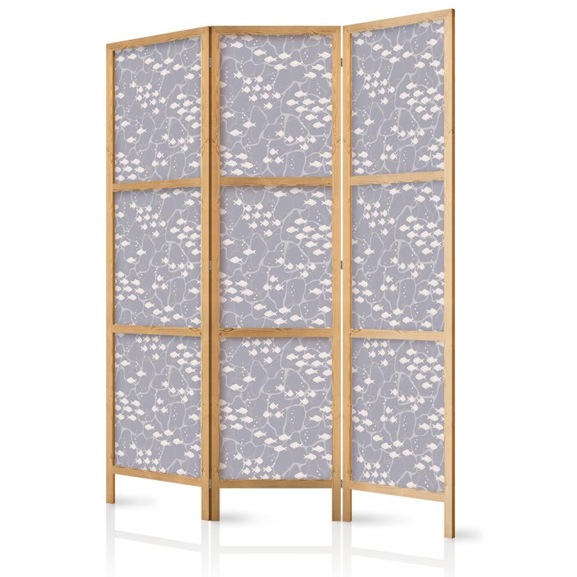 Japanischer Paravent, Raumteiler freistehend, Trennwand - Tiny Light-Beige Fish: Oceanic Depths