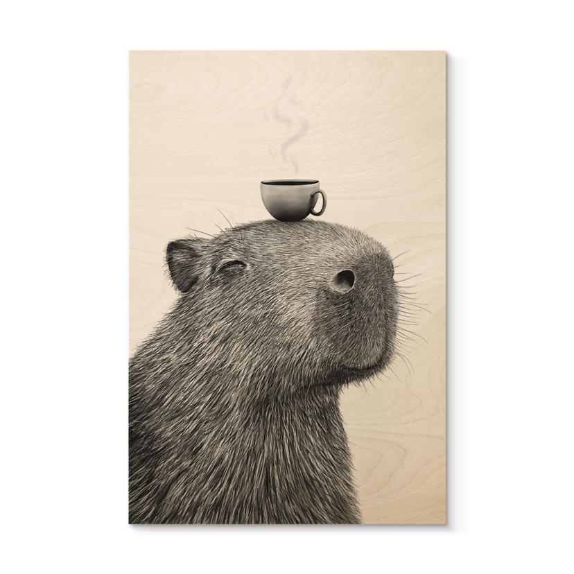Tableau sur bois Capybara Matin Café - Korenkova