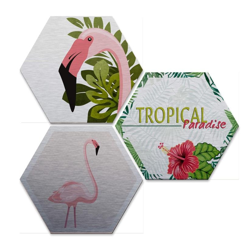 Hexagone - Alu-Dibond-Effet argenté - Flamant rose 03 (Set de 3)