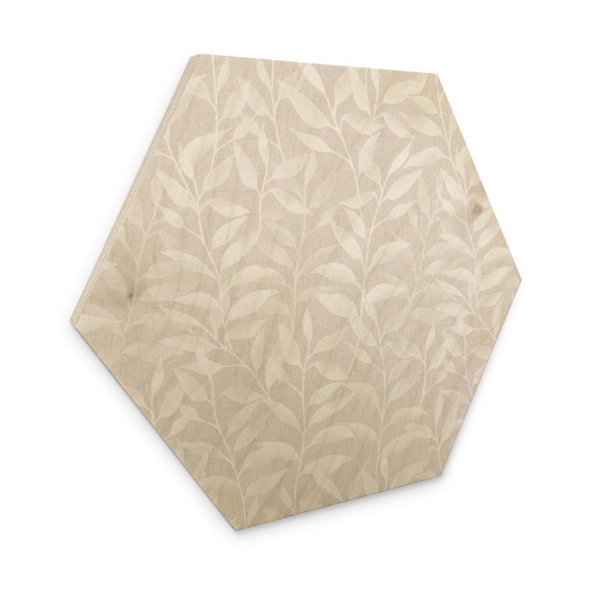 Sekskantet Billede af træ Delikate akvarelblade - blød beige - Bloomery Decor
