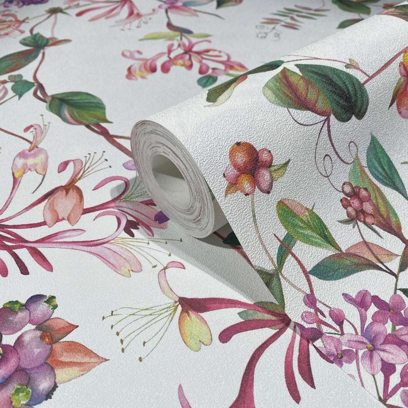 Papier peint à motifs, papier peint intissé floral Flora blanc, rose
