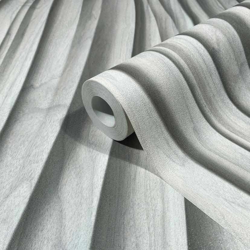 Carta da parati in tessuto non tessuto in bianco, grigio Pannello effetto legno 3D Aspetto moderno 3