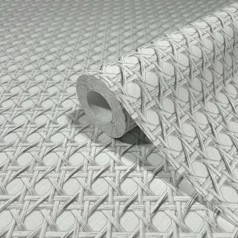 Non-woven tapet i trælook og vævet look hvid, grå trælook