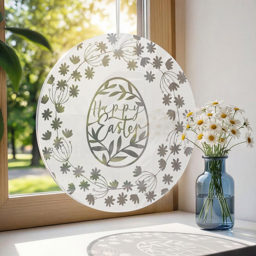 Akrylbillede, vinduesbillede til at hænge Glædelig påske i en blomsterkrans - rund