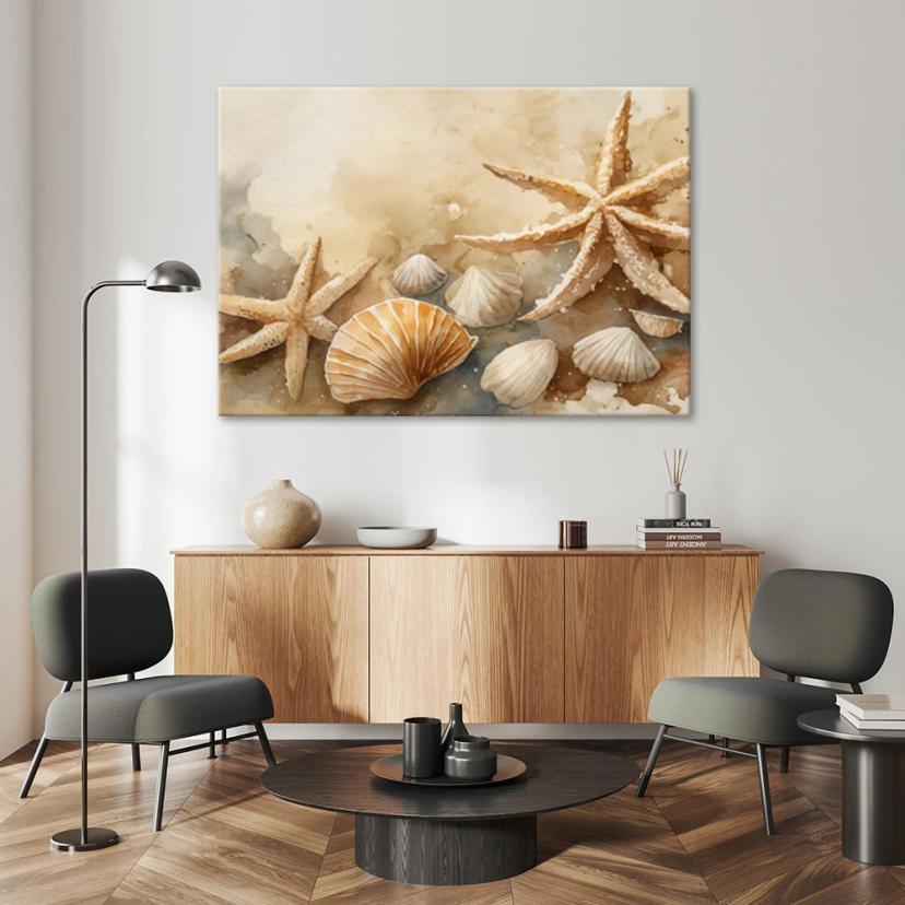 Canvasbillede, havskaller og søstjerner akryl