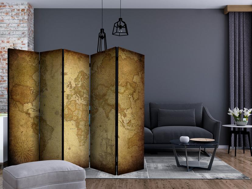 Schermo divisorio - Mappa del mondo - Vecchia mappa , 5 pezzi - 225x172 cm