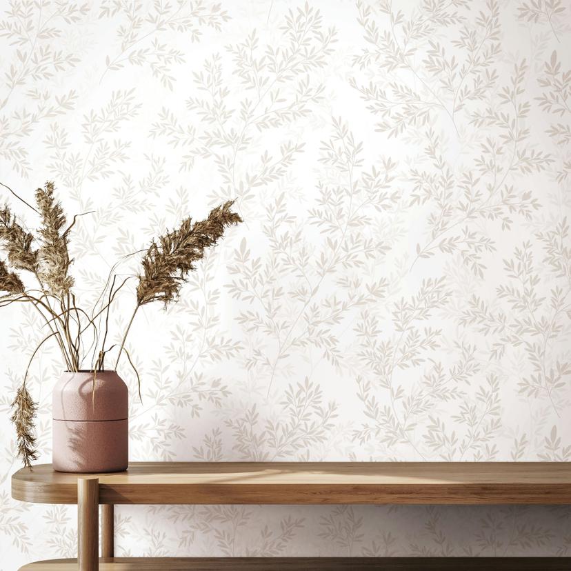 Papel pintado no tejido hojas naturaleza floral mate en blanco beige