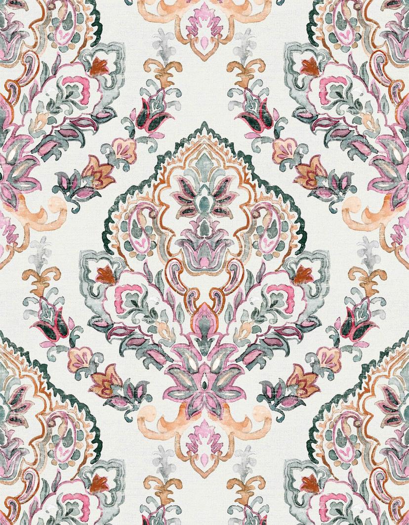 Fototapet med motiv af boho-ornament i pastel med blomstermedaljon 3,4 x 2,65 m