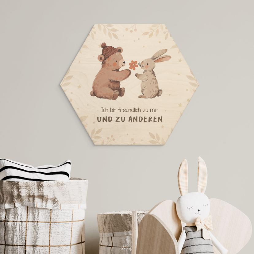Holzbild Hexagon mit Bär und Hase - positiver Spruch 'Ich bin freundlich'