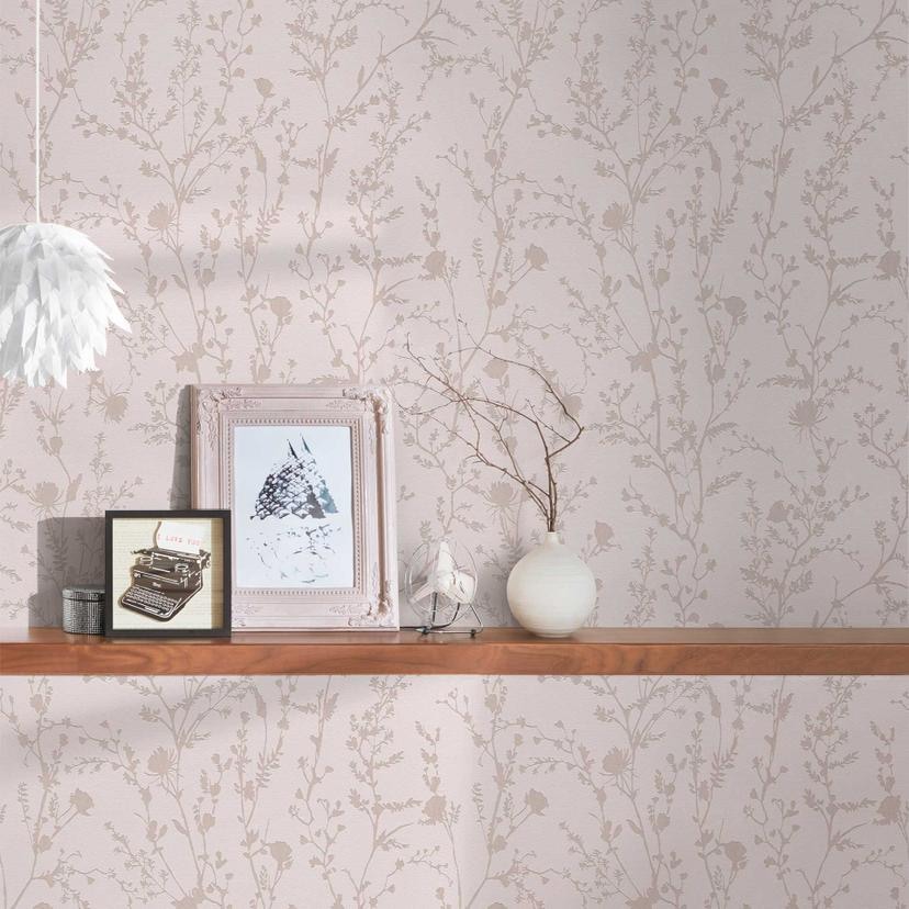 Papel pintado no tejido Ramas en flor rosa gris - Papel pintado Flores en flor - Papel pintado motivos florales