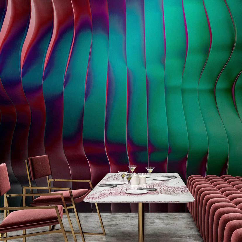 3D-bølgetapet i metallic look rubin magenta - non-woven tapet med dybdeeffekt