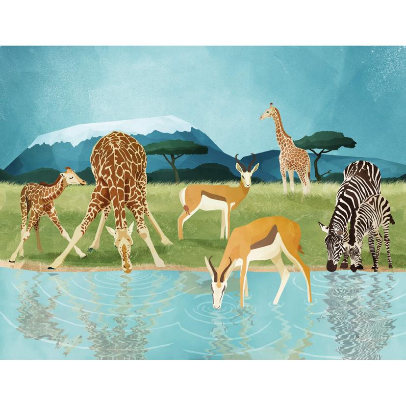 Fotomurale Goed Blauw - Animali alla pozza d'acqua