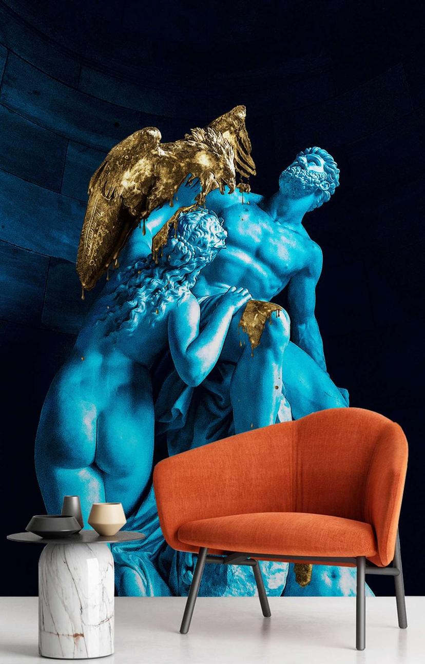 Fototapete, Blaue Figuren und ein goldener Vogel