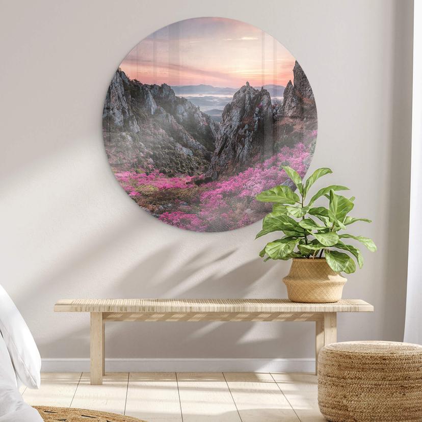 Glasbild Seo - Felsige Landschaft im Sonnenuntergang - Rund