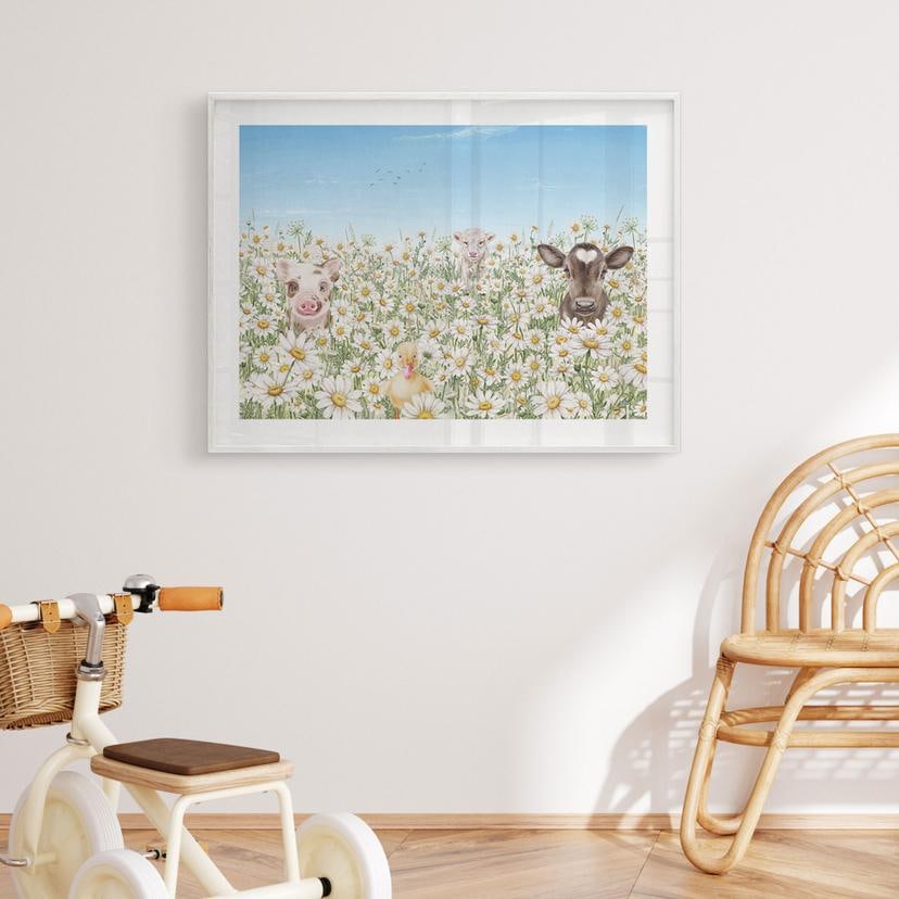 Barnposter bondgårdsdjur i blomsterängen - Kikki Belle