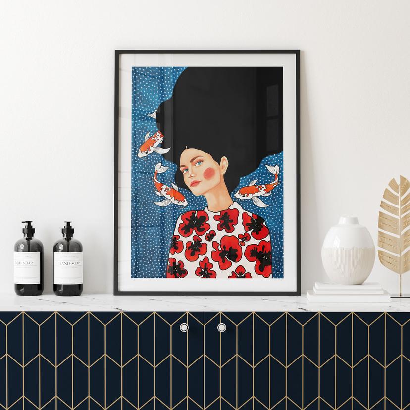Poster donna in abito floreale con koi - Hülya