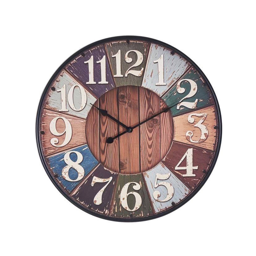 Große Vintage Wanduhr in rustikaler Holzoptik mit Patchwork-Elementen, braun/schwarz, Ø48 cm