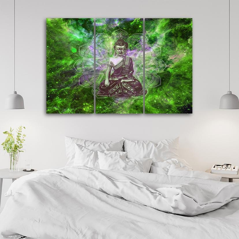 Stampa su tela 3 pezzi, Buddha Mandala Nature Green