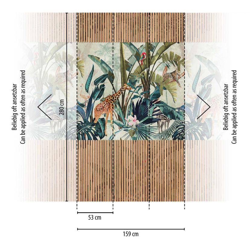 Carta da parati Jungle con pannelli di legno - Carta da parati in tessuto non tessuto design tropica