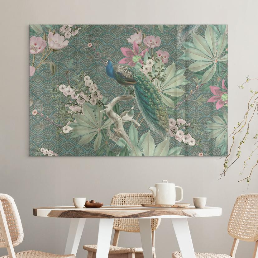 Stampa su acrilico Pavone in giardino tropicale su mosaico - Bloomery Decor