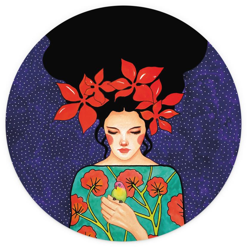 Fotomurale Donna con corona di fiori e uccello - Hülya - Rotondo - Autoadesivo/non tessuto