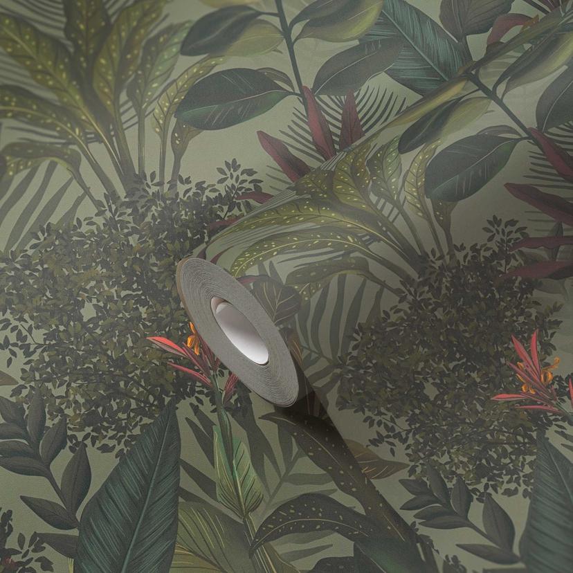 Papel pintado estampado plantas y hierbas verde rojo - papel pintado selva con hojas