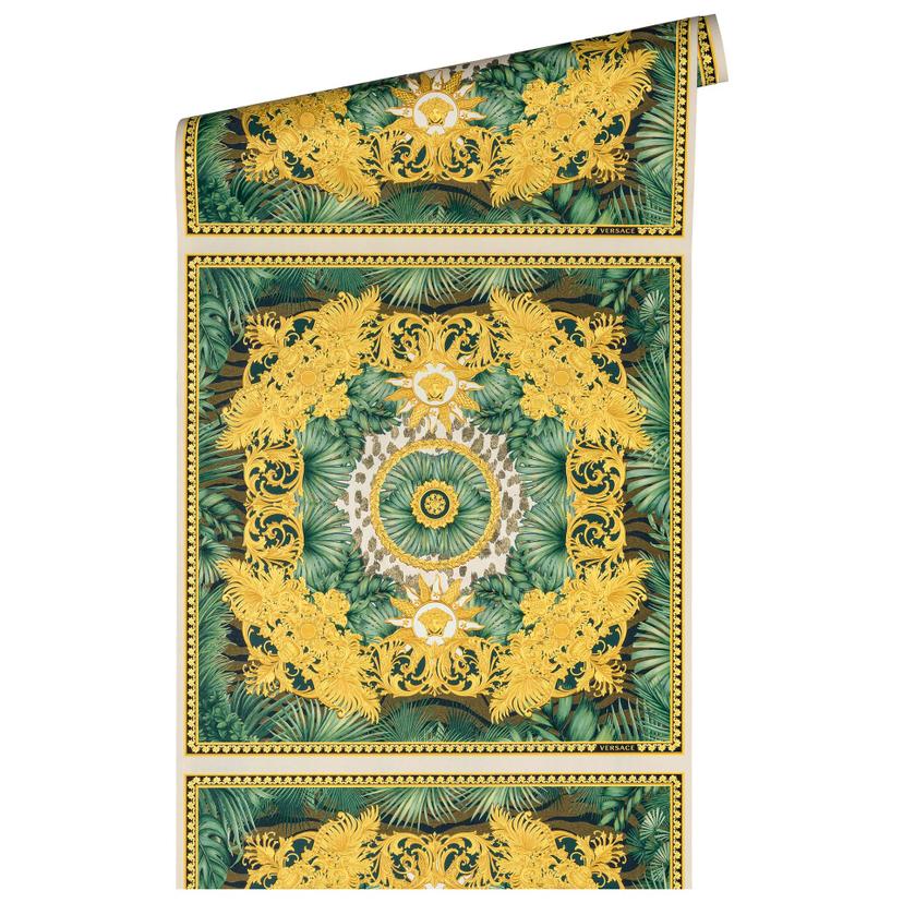 Versace tapet jungle i grøn og guld non-woven tapet med medusa hoveder design