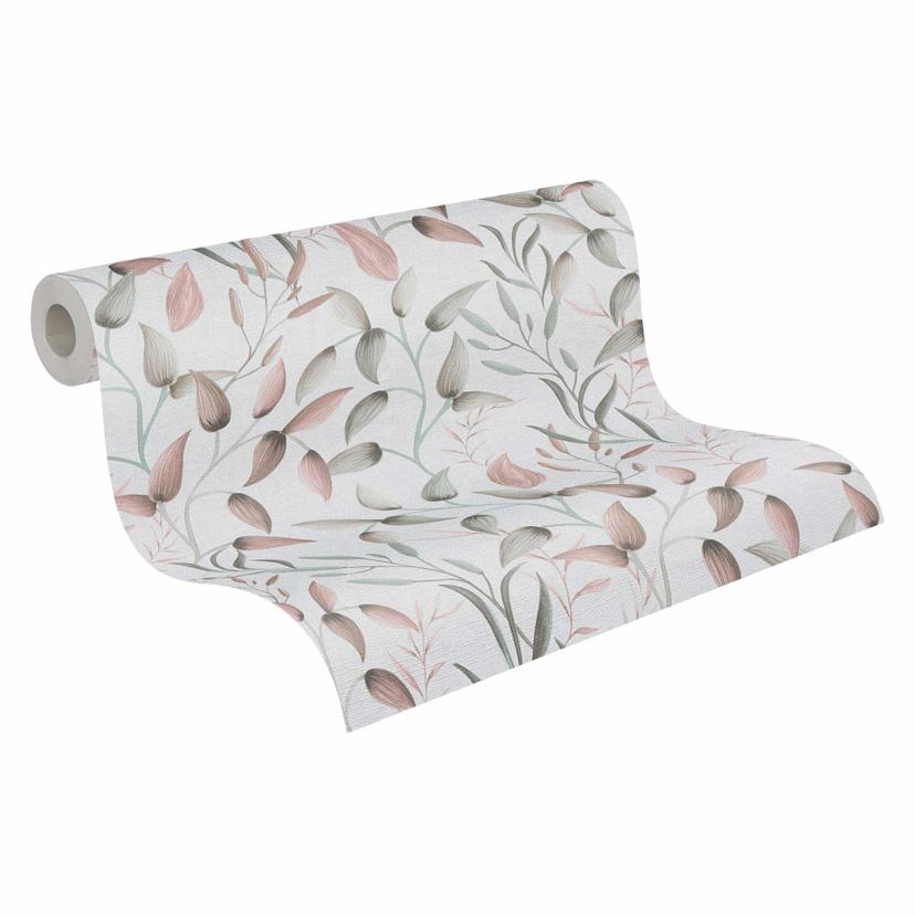 Papel pintado Floral hojas acuarela - Papel no tejido rosa verde beige - Papel pintado vegetal