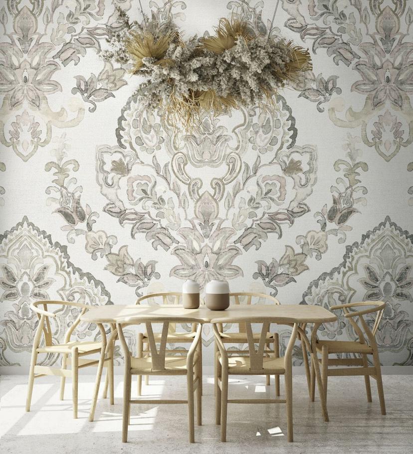 Fotomurale de papel pintado con motivo de medallón en gris beige en estilo elegante 2,7 x 2,65 m