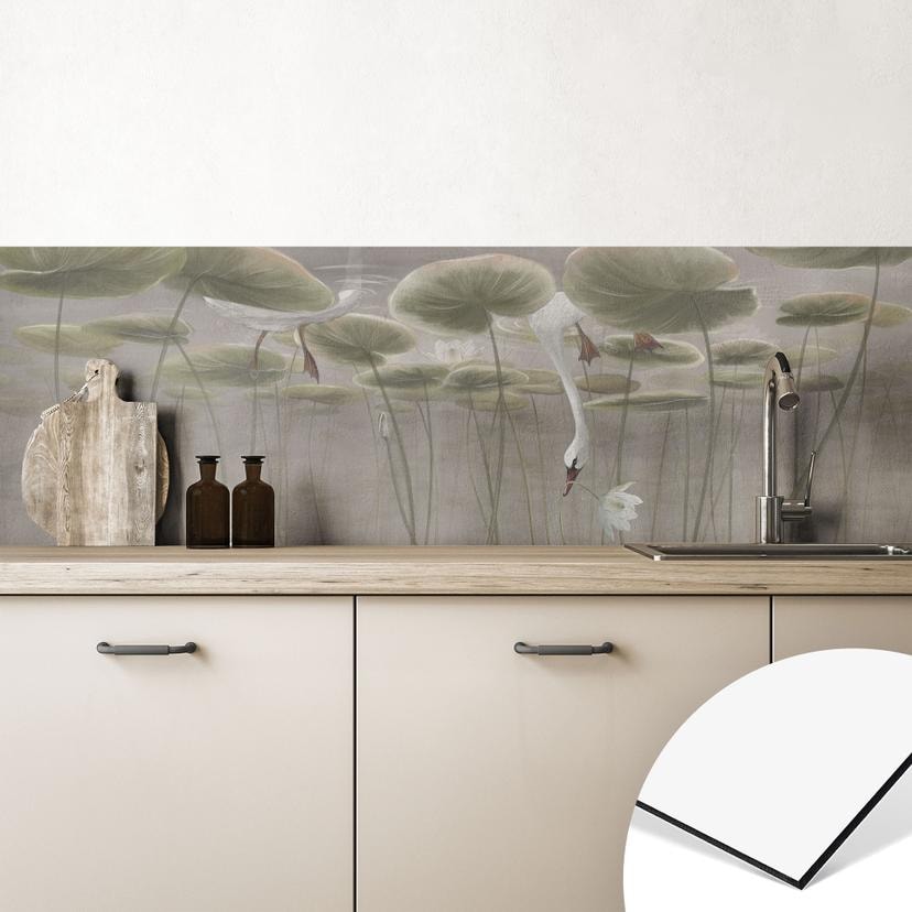 Keukenachterwand met lotusbloemen en zwaan in water in grijs - Ms Tiff