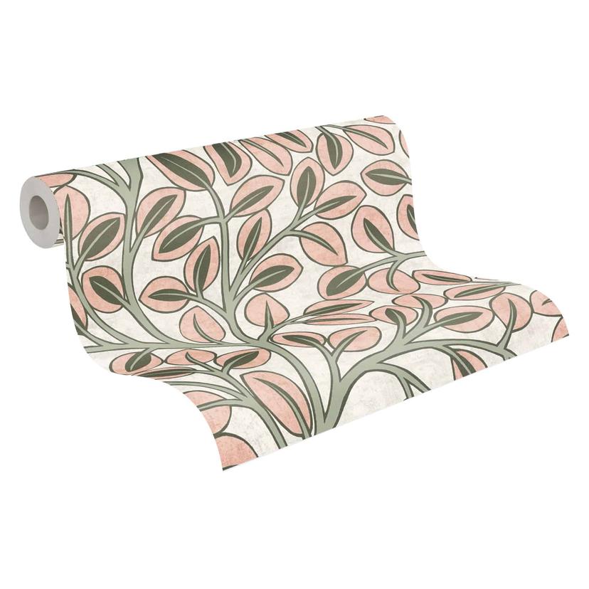Elegante carta da parati in tessuto non tessuto - sottile disegno a foglia in tonalità greige e natu