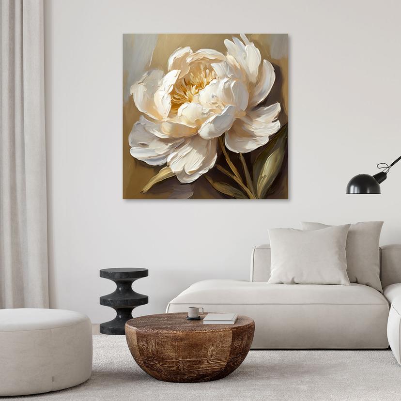 Canvasbillede, pæon creme håndmalet