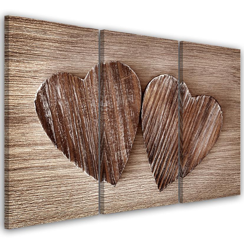 3 stykke lærred Print Heart Wood Brown Retro Shabby
