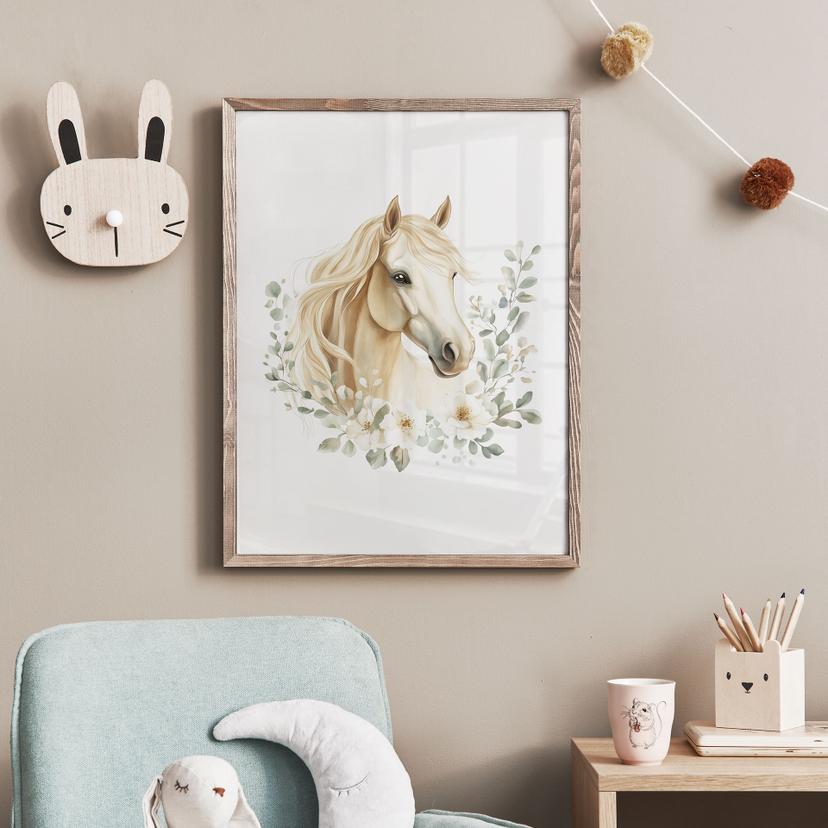 Poster ritratto di cavallo con corona di eucalipto | motivo cavallo per bambini