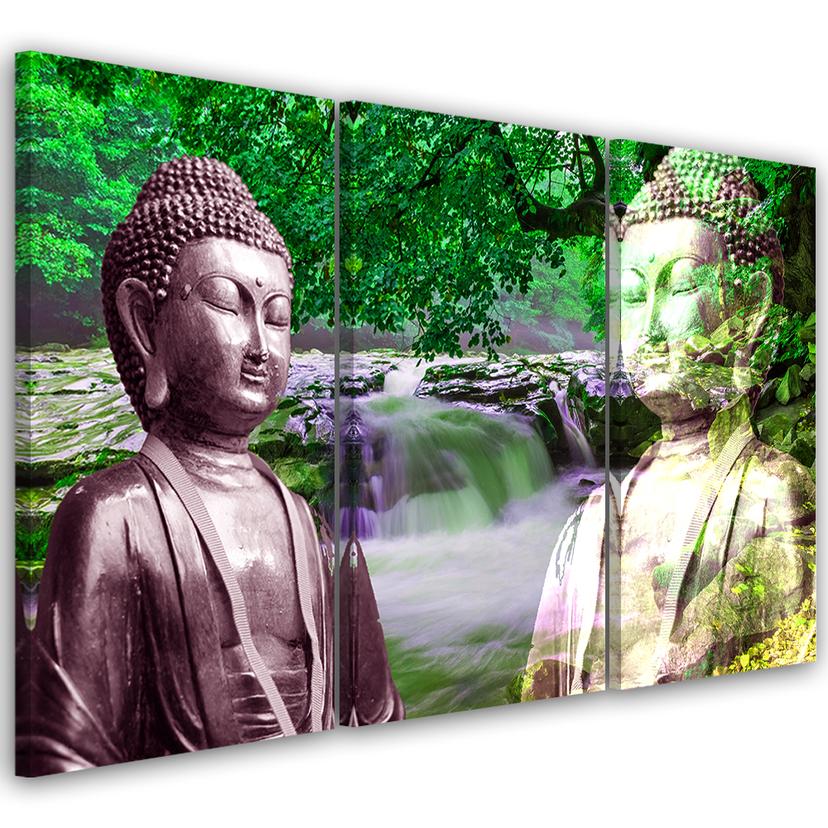 3 stykke lærredstryk Buddha vandfald skovgrøn