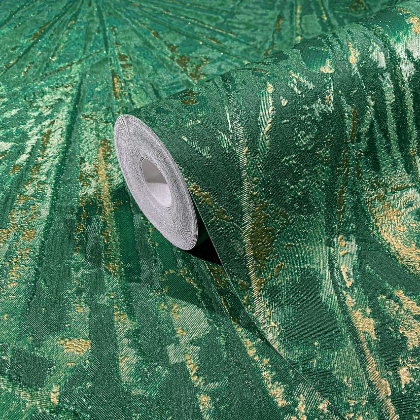 Papel pintado no tejido con brillo y aspecto de abanico verde, textura dorada