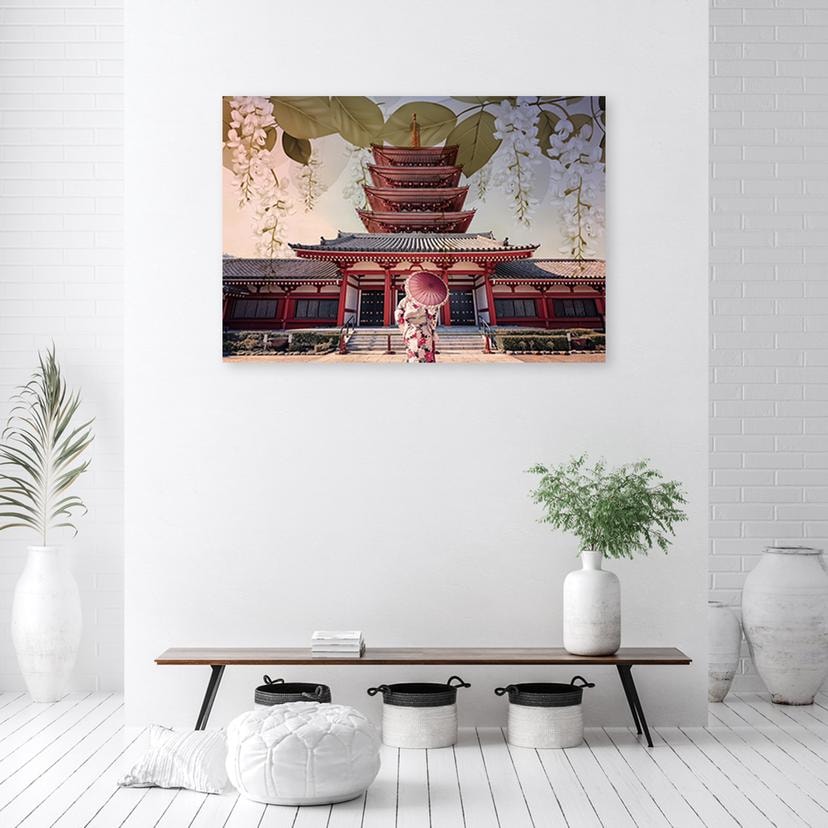 Stampe su tela, geisha giapponese e tempio