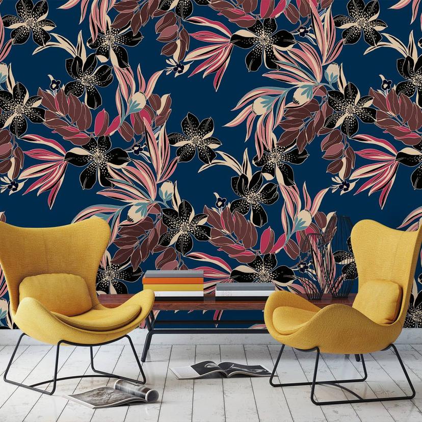 Abstrakt blomstertapet Fototapet, blå blomster 3,40 x 2,12 m
