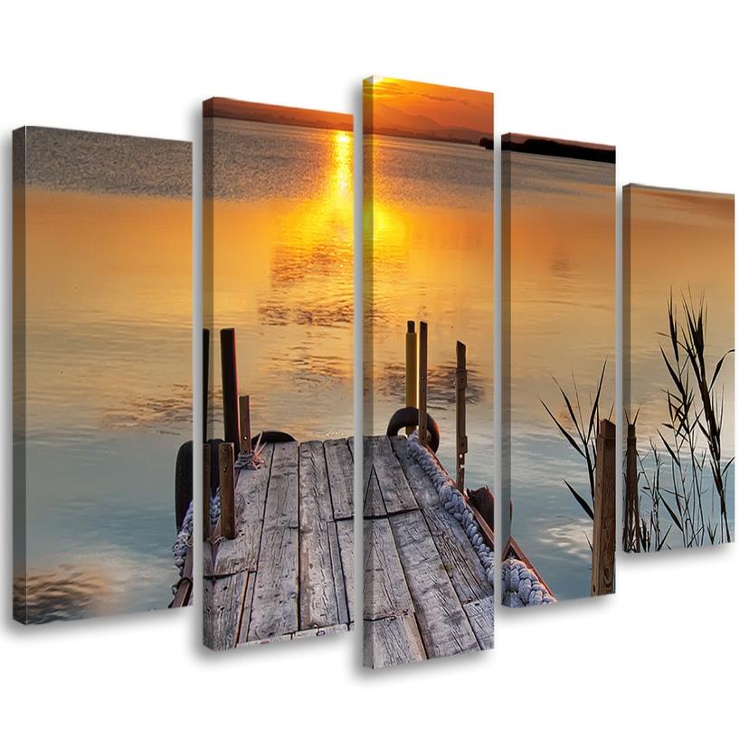 Impression sur toile en 5 parties, Sunset Jetty Lake Nature