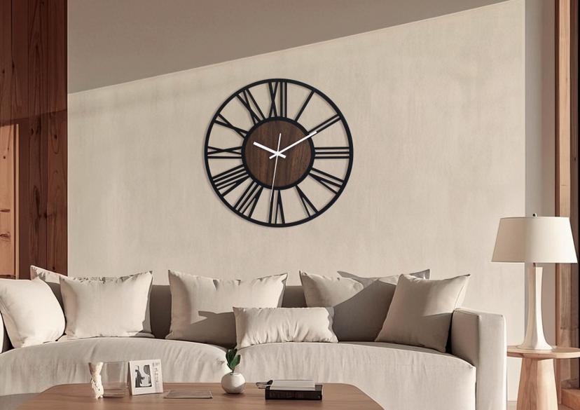 Design wandklok Hout & Staal met walnoot hout look en Romeinse cijfers Ø40 cm