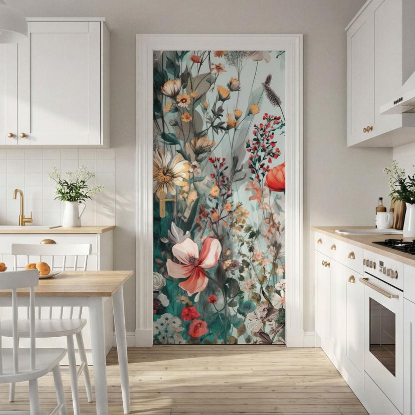 Vinilo para puerta prado primaveral con flores - Jaszke - Decoración autoadhesiva para puertas