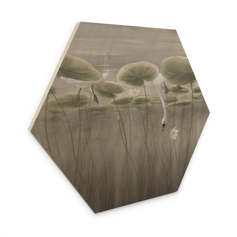Houten Wanddecoratie lotusbloemen met zwaan in het water in grijs - Ms Tiff
