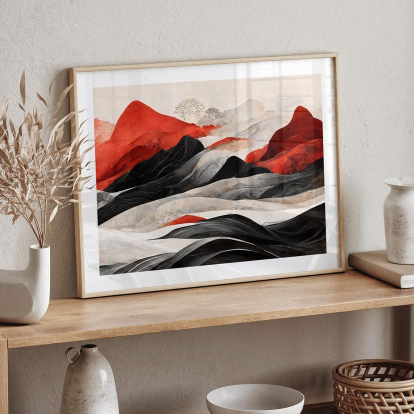 Póster Treechild - Montañas rojas de estilo japonés