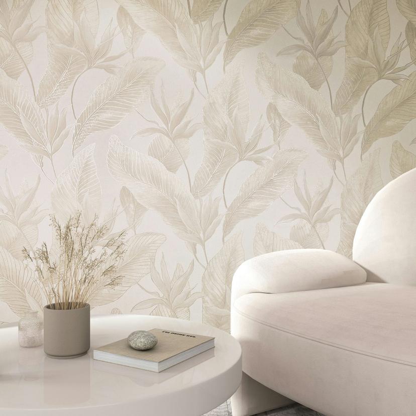Ikke-vævet tapet blomster, blade blomstret natur i beige