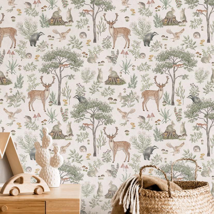 Carta da parati con motivo foresta incantata con animali - crema vintage - Kikki Belle