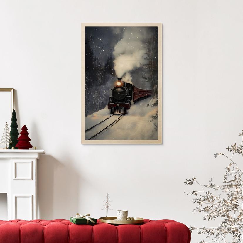 Stampa su legno locomotiva a vapore in una foresta innevata - Melloi Art Prints