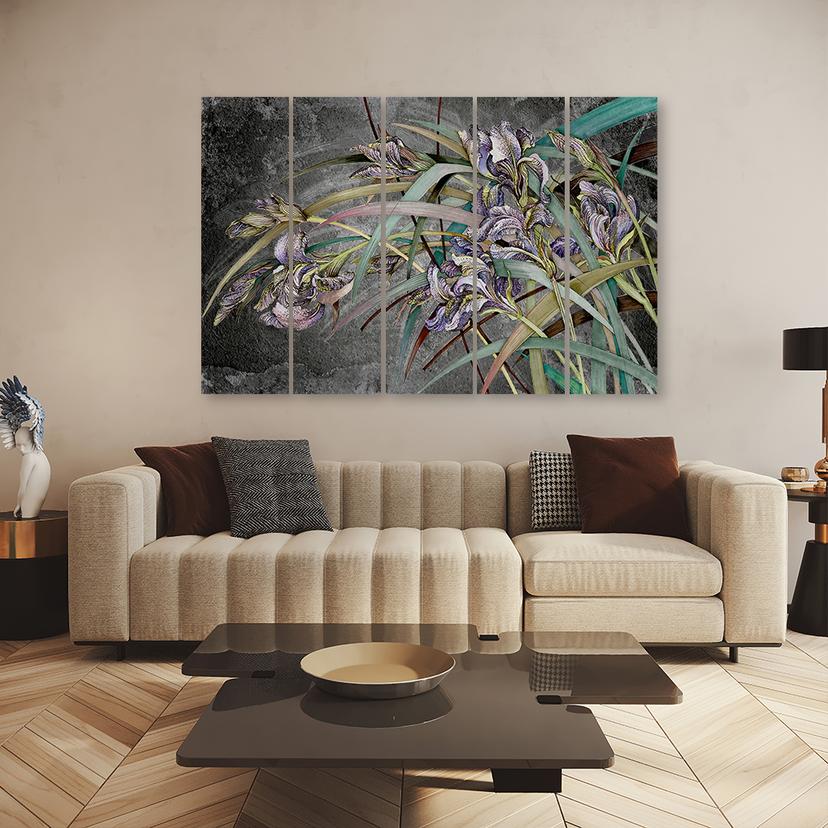 Stampa su tela 5 pezzi, fiori di iris nel vento