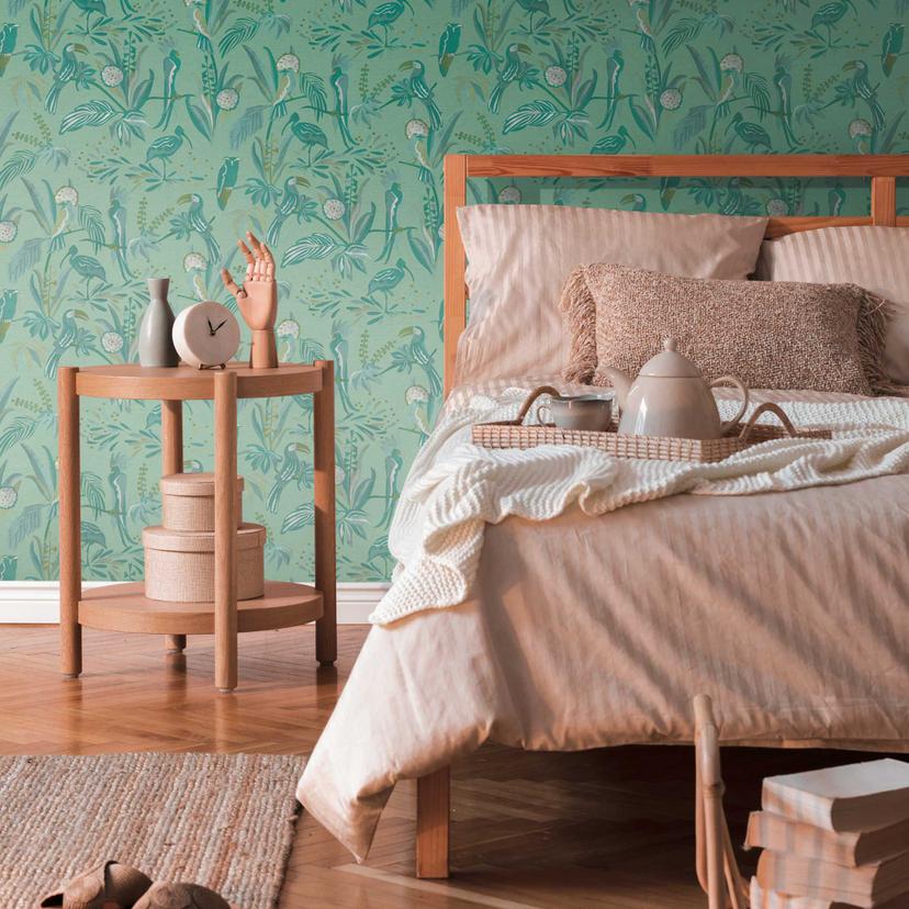 tapet jungle grøn hvid - tapet fugle planter - fleece tapet blomster stue