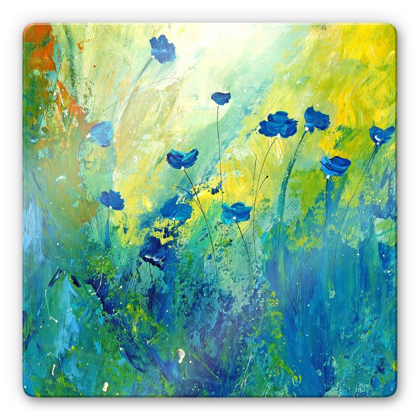 Glasschilderij Niksic - Blauwe Bloemen